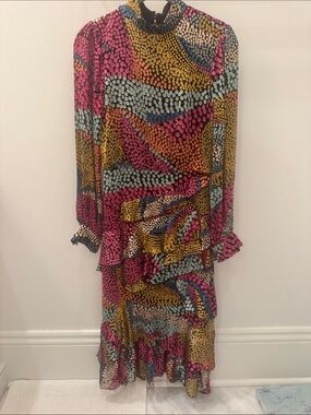 Saloni Multi-Color Dot Pattern Long Sleeve Ruffle Dress